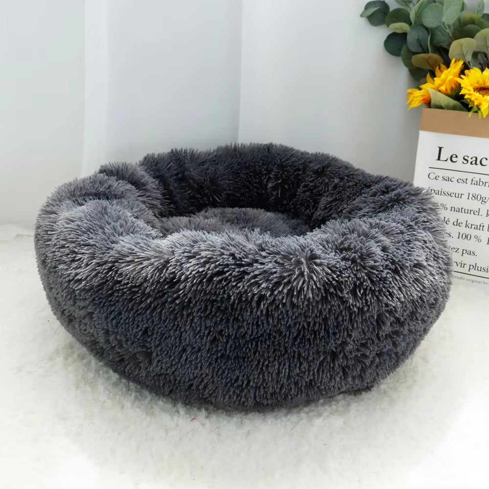 Fluffy Calming Dog Bed Long Plush Donut Pet Bed Hondenmand round Orthopedic Lounger Sleeping Bag Kennel Cat Puppy Sofa Bed House