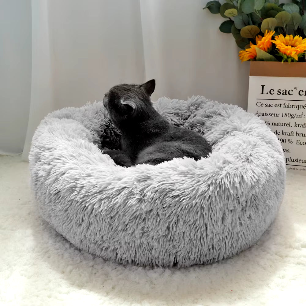 Fluffy Calming Dog Bed Long Plush Donut Pet Bed Hondenmand round Orthopedic Lounger Sleeping Bag Kennel Cat Puppy Sofa Bed House