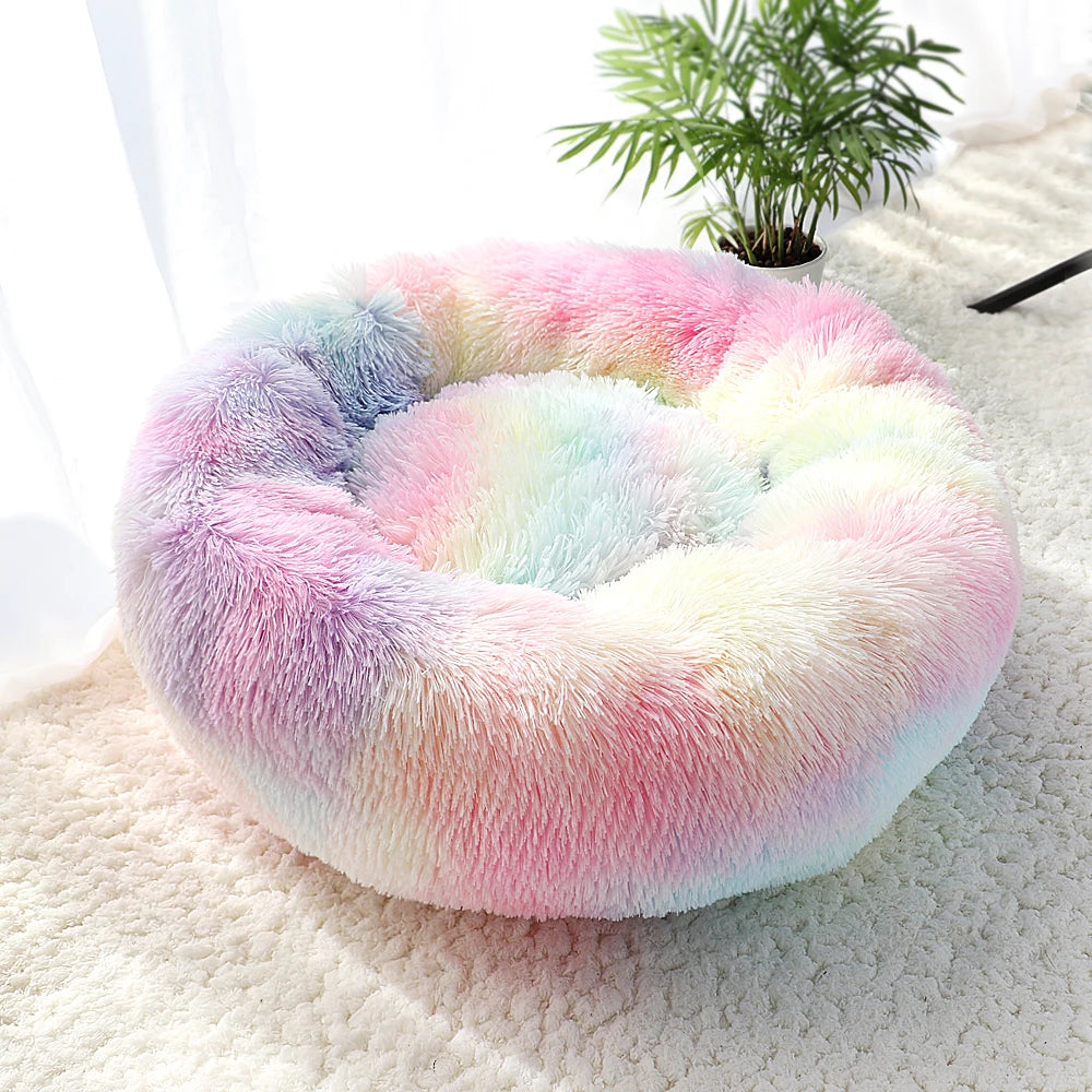 Fluffy Calming Dog Bed Long Plush Donut Pet Bed Hondenmand round Orthopedic Lounger Sleeping Bag Kennel Cat Puppy Sofa Bed House