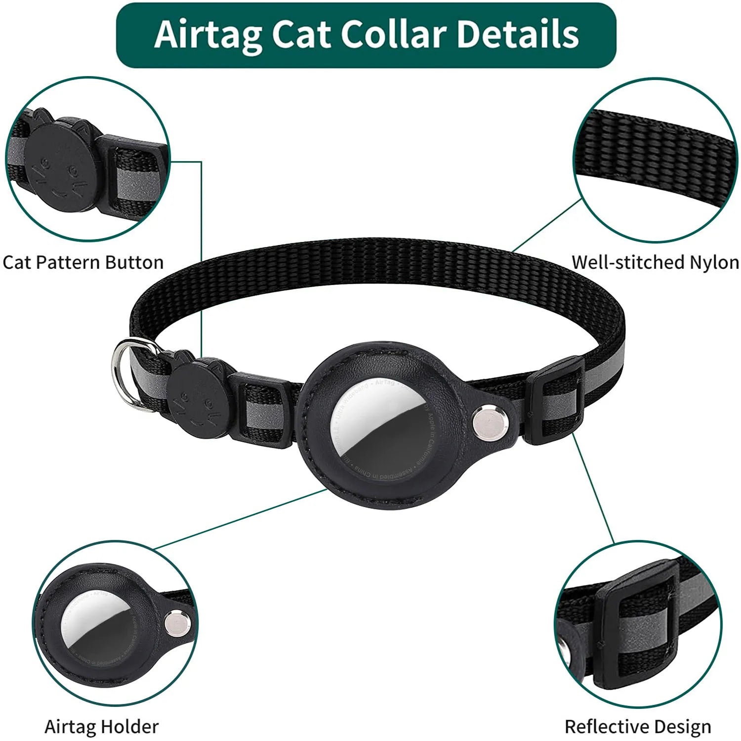 Cat Airtag Holder Collar Breakaway Reflective Strips Adjustable Kitten Collar Waterproof Cat Bell Collar Pet Air Tag Case