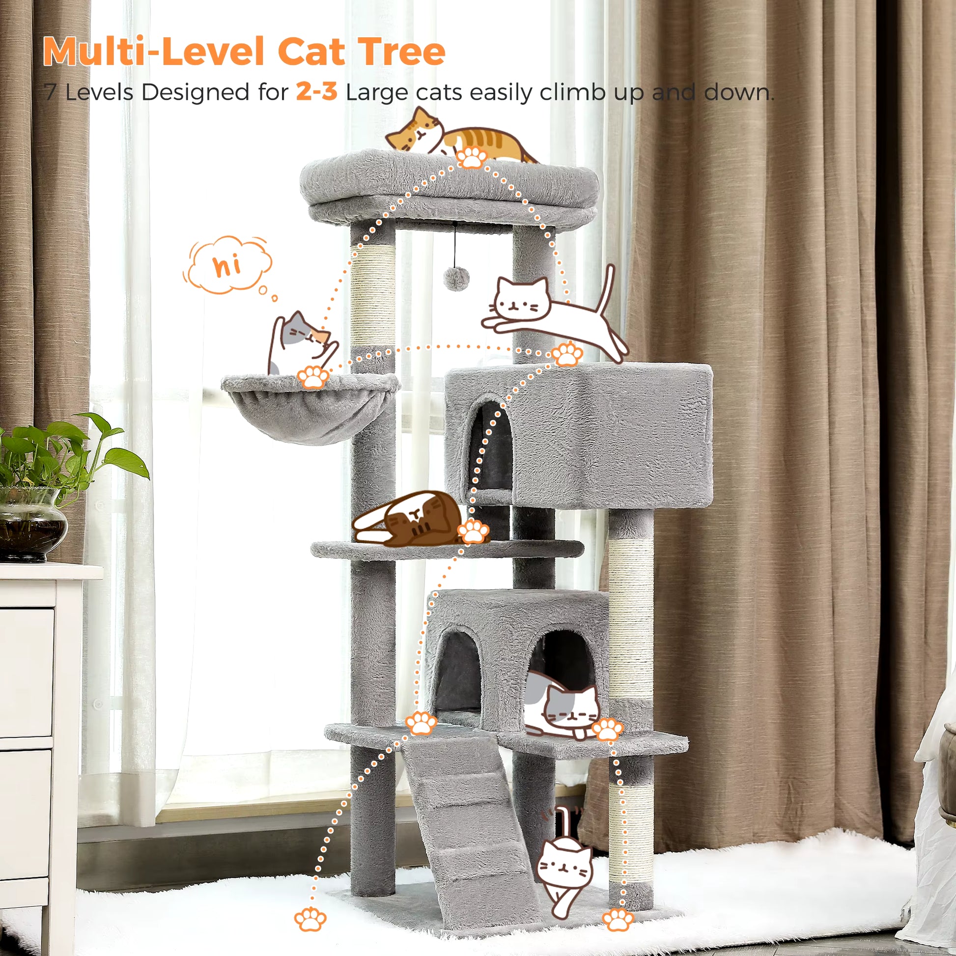 Multi-Level Luxury Cat Tree Tower with Cat Condo Cozy Perches Pet Play House Scratching Post Stable Cat Tower with Hanging Ball