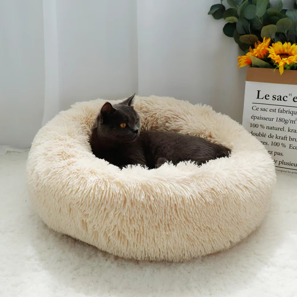 Fluffy Calming Dog Bed Long Plush Donut Pet Bed Hondenmand round Orthopedic Lounger Sleeping Bag Kennel Cat Puppy Sofa Bed House