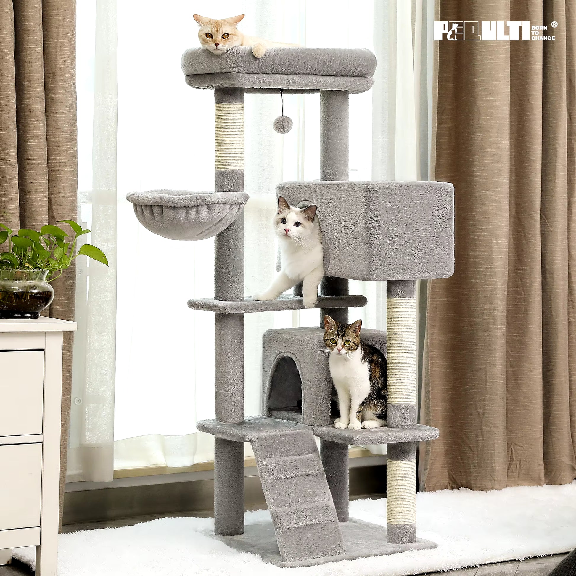 Multi-Level Luxury Cat Tree Tower with Cat Condo Cozy Perches Pet Play House Scratching Post Stable Cat Tower with Hanging Ball