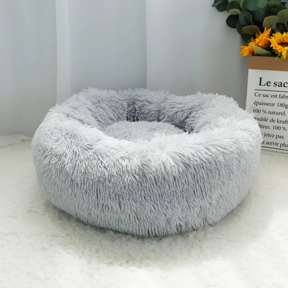 Fluffy Calming Dog Bed Long Plush Donut Pet Bed Hondenmand round Orthopedic Lounger Sleeping Bag Kennel Cat Puppy Sofa Bed House