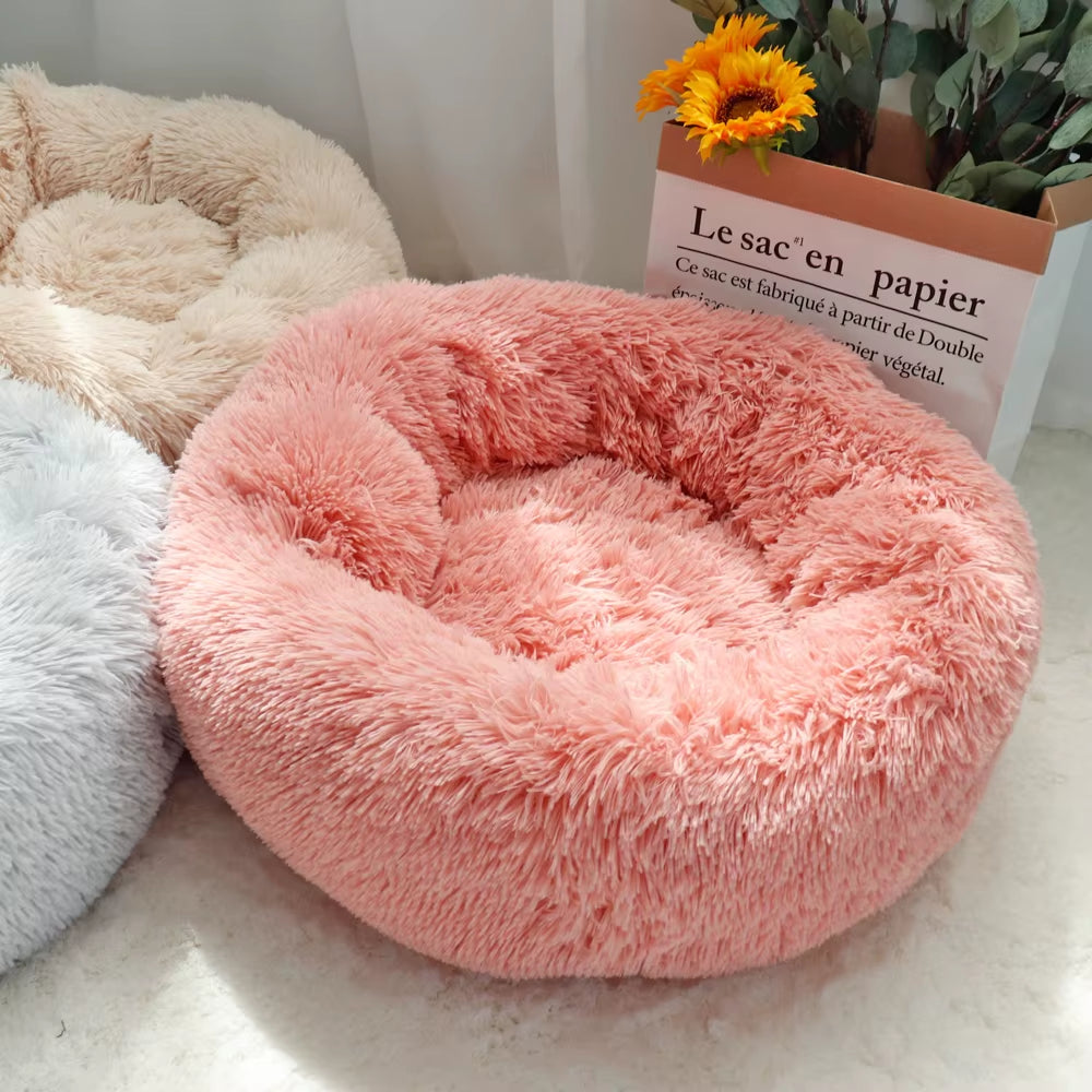 Fluffy Calming Dog Bed Long Plush Donut Pet Bed Hondenmand round Orthopedic Lounger Sleeping Bag Kennel Cat Puppy Sofa Bed House