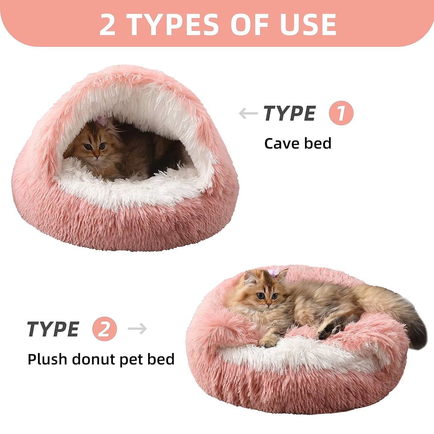 Cat Bed round Fluffy Hooded Cat Bed Cave Cat Bed Donut for Indoor Cats,Calming Dog Cat Beds for Small Medium Dog Cat