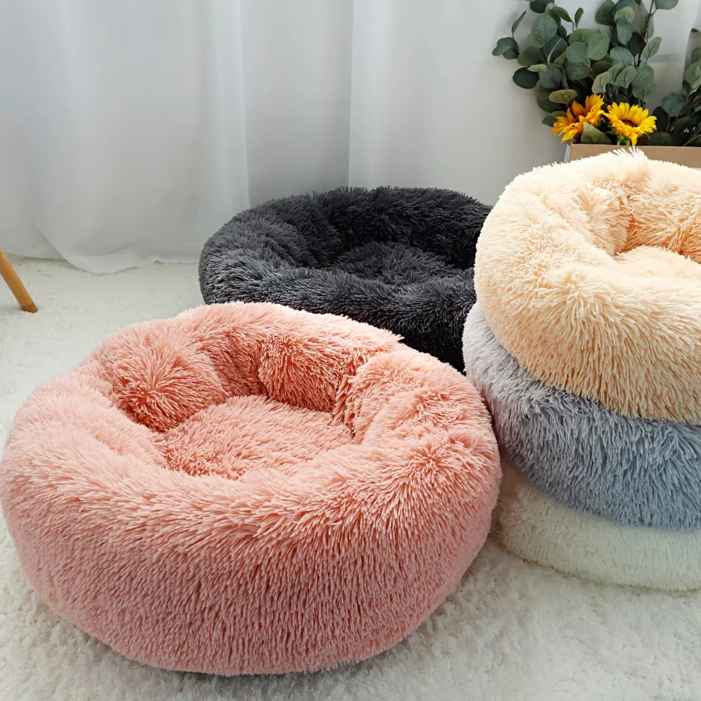 Fluffy Calming Dog Bed Long Plush Donut Pet Bed Hondenmand round Orthopedic Lounger Sleeping Bag Kennel Cat Puppy Sofa Bed House