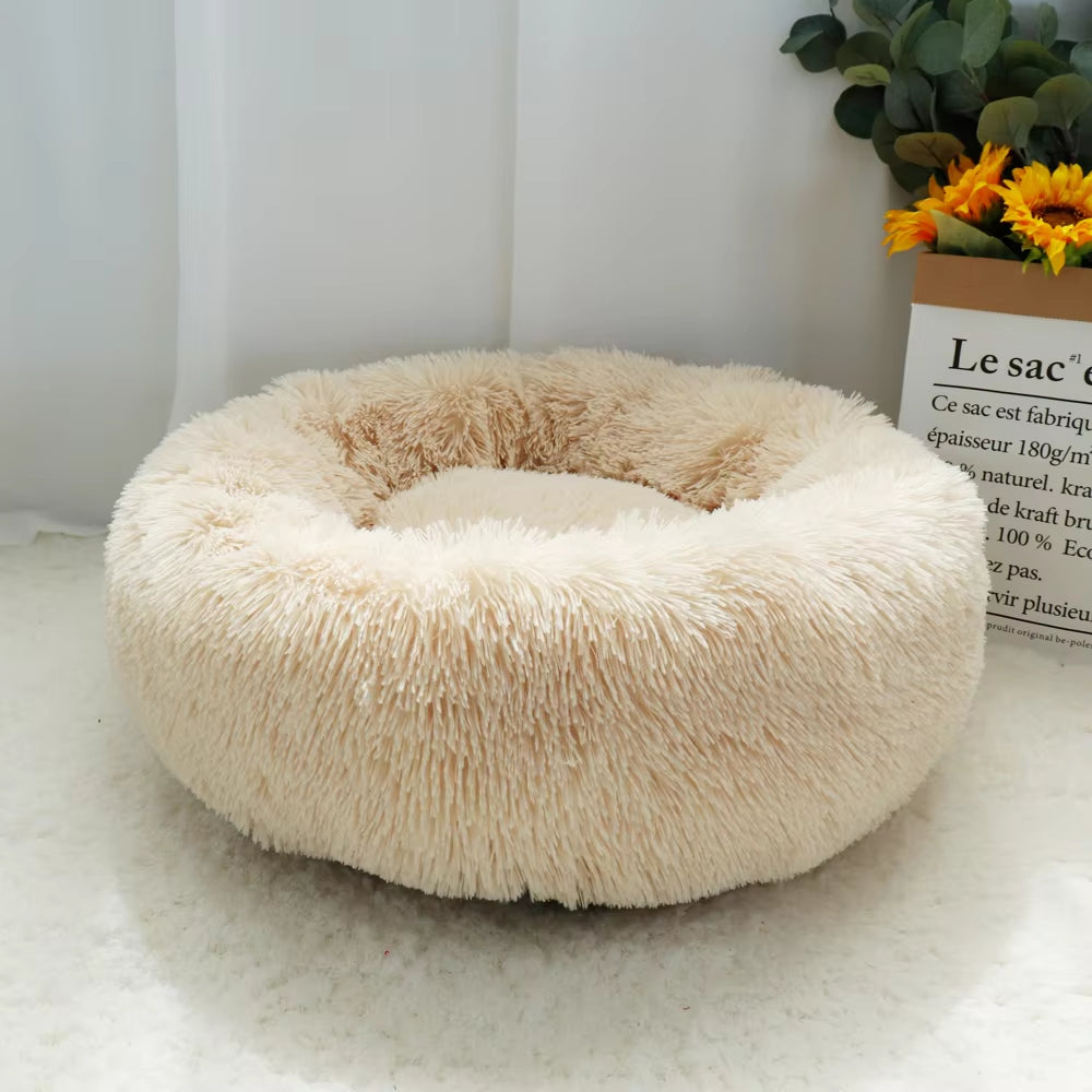 Fluffy Calming Dog Bed Long Plush Donut Pet Bed Hondenmand round Orthopedic Lounger Sleeping Bag Kennel Cat Puppy Sofa Bed House